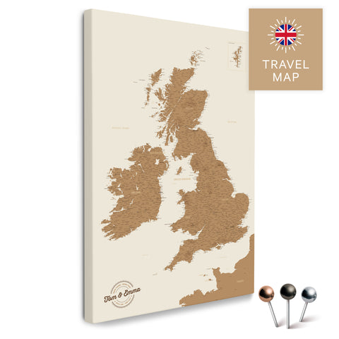 Englandkarte mit Irland in Farbe Bronze als Pinnwand Leinwand zum Pinnen und Markieren von Reisezielen