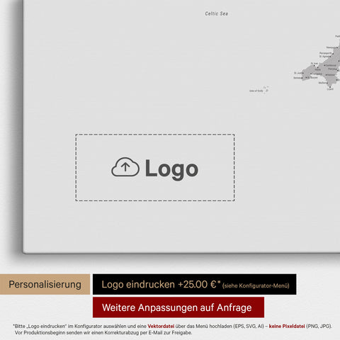 Engeland (Groot-Brittannië) & Ierland Kaart TRAVEL® Canvas Prikbord – Koelgrijs