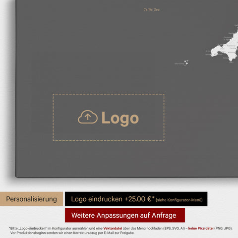Engeland (Groot-Brittannië) & Ierland Kaart TRAVEL® Canvas Prikbord – Donkergrijs