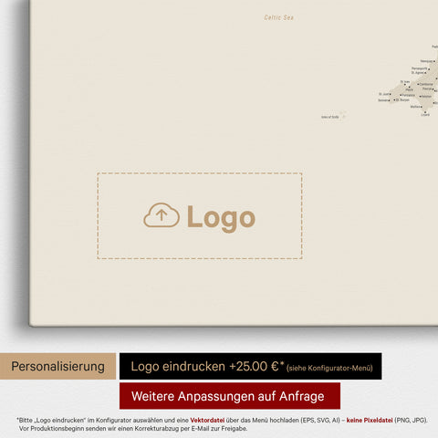 Engeland (Groot-Brittannië) & Ierland Kaart TRAVEL® Canvas Prikbord – Goud