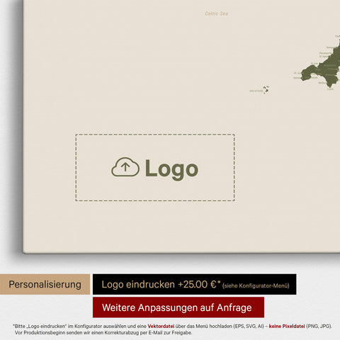 Engeland (Groot-Brittannië) & Ierland Kaart TRAVEL® Canvas Prikbord – Olijfgroen