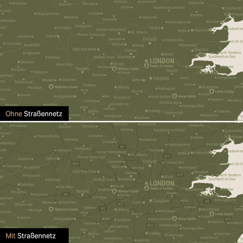 Engeland (Groot-Brittannië) & Ierland Kaart TRAVEL® Canvas Prikbord – Olijfgroen