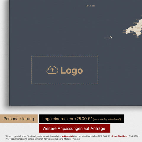 Engeland (Groot-Brittannië) & Ierland Kaart TRAVEL® Canvas Prikbord – Hale Navy