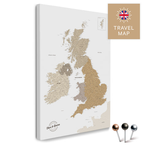 England & Great Britain Map with Ireland, Multicolor Beige, Push Pin Canvas for Pinning and Marking Travel Destinations