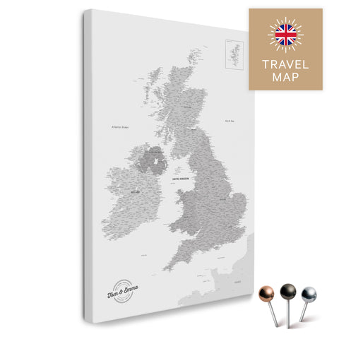 England- & Großbritannien-Karte mit Irland in Farbe Multicolor Gray als Pinnwand Leinwand zum Pinnen und Markieren von Reisezielen