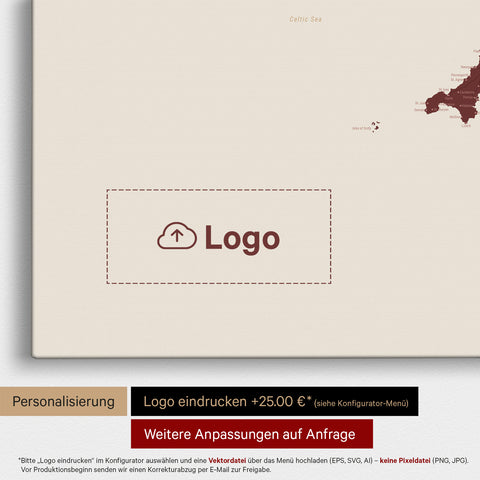 Engeland (Groot-Brittannië) & Ierland Kaart TRAVEL® Canvas Prikbord – Bordeauxrood