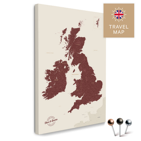 England & Great Britain map with Ireland in Bordeaux red as a Push Pin Map canvas for pinning and marking travel destinations