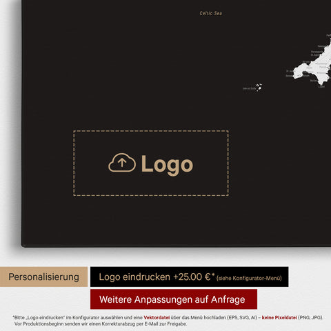 Engeland (Groot-Brittannië) & Ierland Kaart TRAVEL® Canvas Prikbord – Donkerzwart