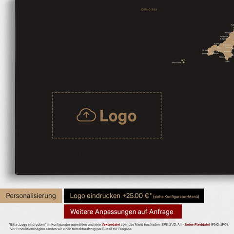 Engeland (Groot-Brittannië) & Ierland Kaart TRAVEL® Canvas Prikbord – Sonar Black