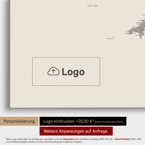 Engeland (Groot-Brittannië) & Ierland Kaart TRAVEL® Canvas Prikbord – Warmgrijs