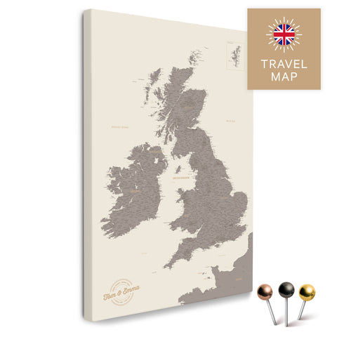 Englandkarte mit Irland in Farbe Warmgray (Braun-Grau) als Pinnwand Leinwand zum Pinnen und Markieren von Reisezielen