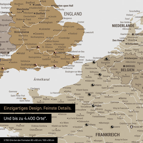 Europa Landkarte in Multicolor Beige als Leinwand zum Pinnen zeigt einen Ausschnitt von England, Frankreich und Belgien mit vielen Details wie Nationalparks, Flüssen und zahlreichen kleinen Orten und Städten, die teilweise mit Pins markiert sind