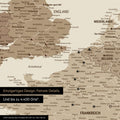 Europa Landkarte in Multicolor Braun als Leinwand zum Pinnen zeigt einen Ausschnitt von England, Frankreich und Belgien mit vielen Details wie Nationalparks, Flüssen und zahlreichen kleinen Orten und Städten, die teilweise mit Pins markiert sind