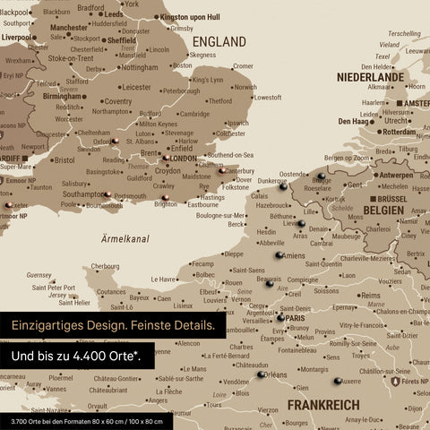 Europa Landkarte in Multicolor Braun als Leinwand zum Pinnen zeigt einen Ausschnitt von England, Frankreich und Belgien mit vielen Details wie Nationalparks, Flüssen und zahlreichen kleinen Orten und Städten, die teilweise mit Pins markiert sind