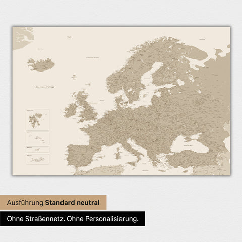 Neutrale und schlichte Ausführung einer magnetischen Europakarte in Desert Sand (Beige)