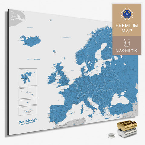 Magnetische Europakarte in der Farbe Blau in einem modernen, minimalistischem Design als Magnetboard zum Pinnen und Markieren von Reisezielen kaufen