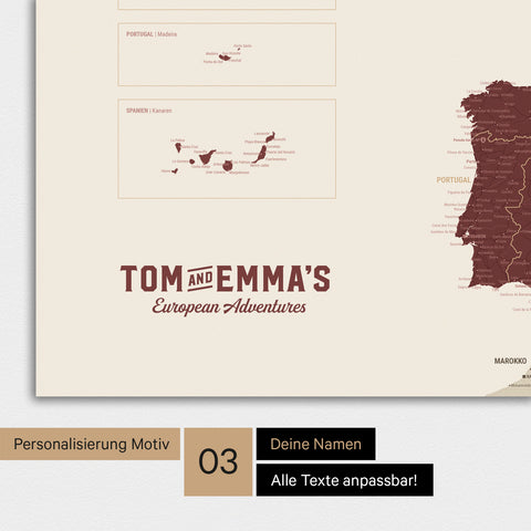 Magnetboard Europakarte in Bordeaux Rot mit Personalisierung im Vintage-Stil