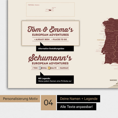 Europakarte als Magnettafel in Bordeaux Rot mit Personalisierung als Logo mit Familiennamen und Legende