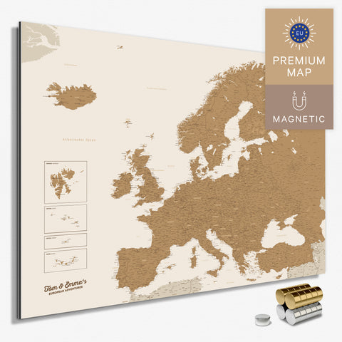 Magnetische Europakarte in der Farbe Bronze in einem modernen, minimalistischem Design als Magnetboard zum Pinnen und Markieren von Reisezielen kaufen