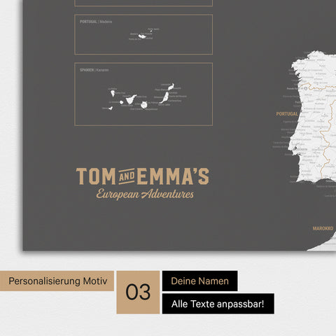 Magnetboard Europakarte in Dunkelgrau mit Personalisierung im Vintage-Stil