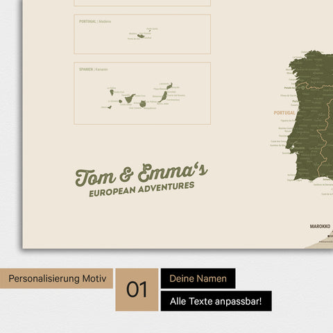 Magnetische Europakarte als Magnetboard in Olive Green mit Personalisierung und Namen in einer modernen Schreibschrift