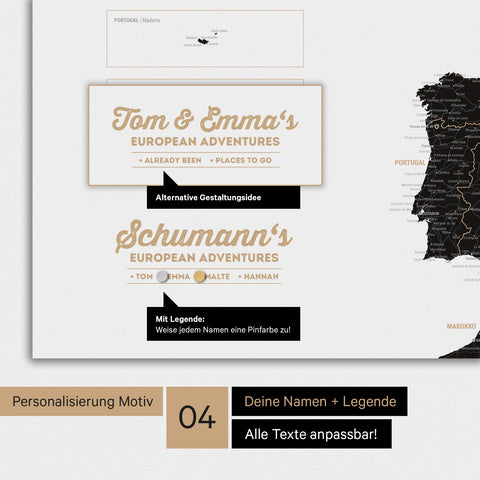 Europakarte als Magnettafel in Light Black (Weiß-Schwarz) mit Personalisierung als Logo mit Familiennamen und Legende