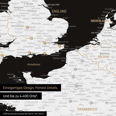 Ausschnitt einer magnetischen Europakarte in Schwarz-Weiss zeigt einen Ausschnitt von England, Frankreich und Belgien mit Details wie Nationalparks, Flüssen und zahlreichen kleineren Orten und Städten