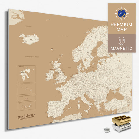 Magnetische Europakarte in der Farbe Treasure Gold in einem modernen, minimalistischem Design als Magnetboard zum Pinnen und Markieren von Reisezielen kaufen