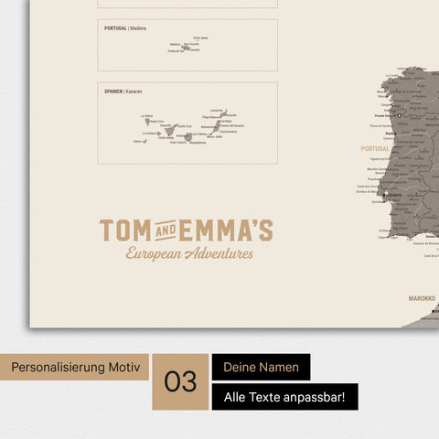 Magnetboard Europakarte in Warmgray (Braun-Grau) mit Personalisierung im Vintage-Stil