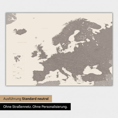 Neutrale und schlichte Ausführung einer magnetischen Europakarte in Warmgray (Braun-Grau)