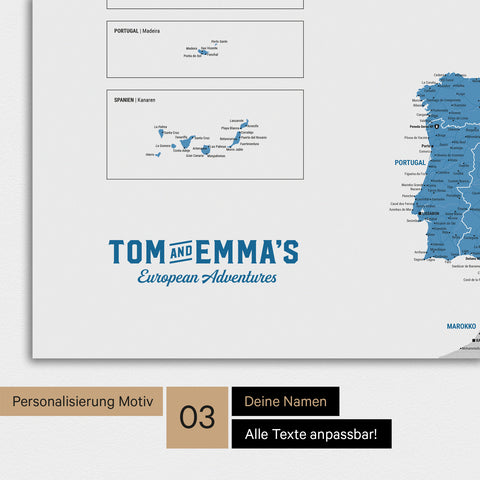 Magnet-Poster Europakarte in Blau mit Personalisierung im Vintage-Stil