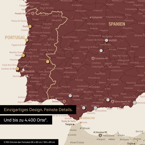 Ausschnitt einer Europakarte als Magnetposter in Bordeaux Rot zeigt einen Ausschnitt von England, Frankreich und Belgien