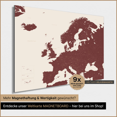 Europa-kaart TRAVEL® magneetposter – Bordeauxrood