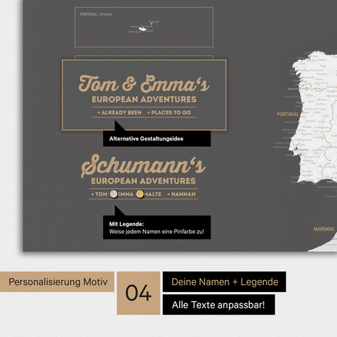 Europakarte als Magnet-Poster in Dunkelgrau mit Personalisierung als Logo mit Familiennamen und Legende
