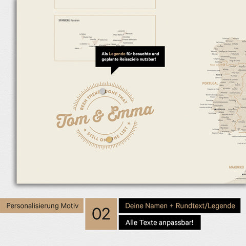 Personalisierte Europakarte als Magnet-Poster in Gold mit rundem Logo, das eine Legende für bereits besuchte Reiseziele beinhaltet