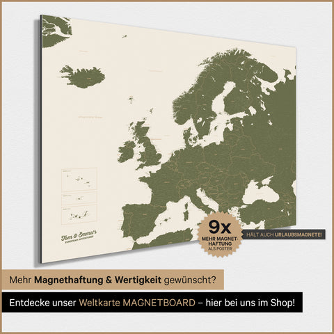 Europa-kaart TRAVEL® magneetposter – olijfgroen