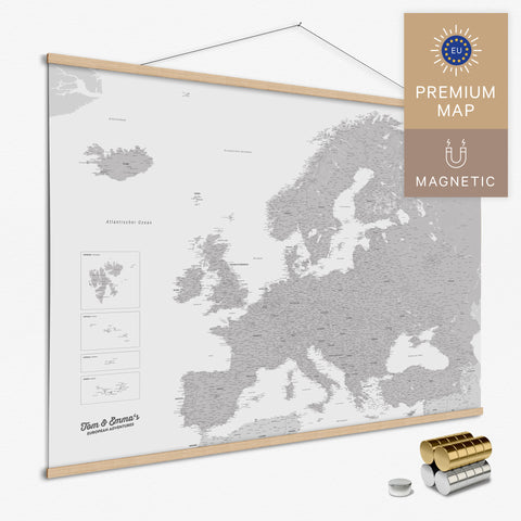 Magnetische Europakarte Magnet-Poster in der Farbe Hellgrau in modernem, minimalistischen Design zum Pinnen und Markieren von Reisezielen kaufen