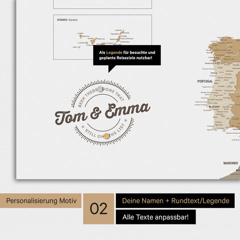 Personalisierte Europakarte als Magnet-Poster in Multicolor Beige mit rundem Logo, das eine Legende für bereits besuchte Reiseziele beinhaltet