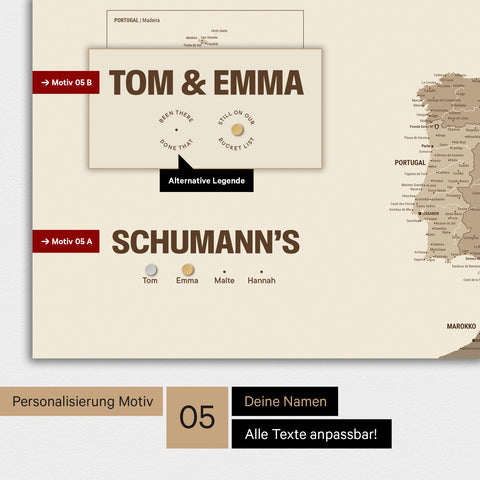 Magnetische Europa-Karte in einem modernen Design in Multicolor Brown als Magnet-Poster mit Personalisierung als Logo mit einer Weltkugel