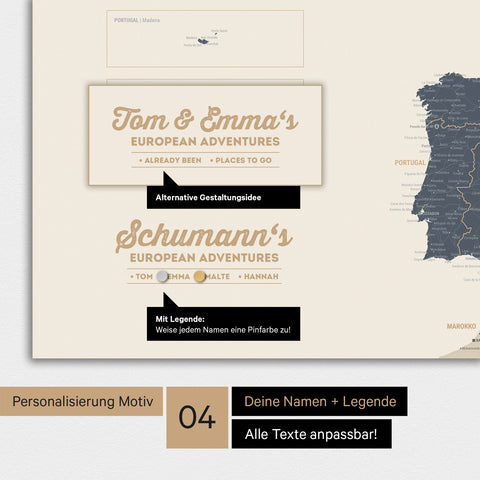 Europakarte als Magnet-Poster in Navy Light mit Personalisierung als Logo mit Familiennamen und Legende