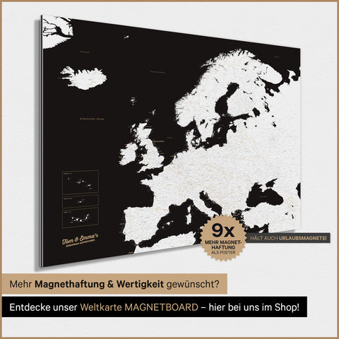Europa-kaart TRAVEL® magneetposter – donker zwart (zwart-wit)
