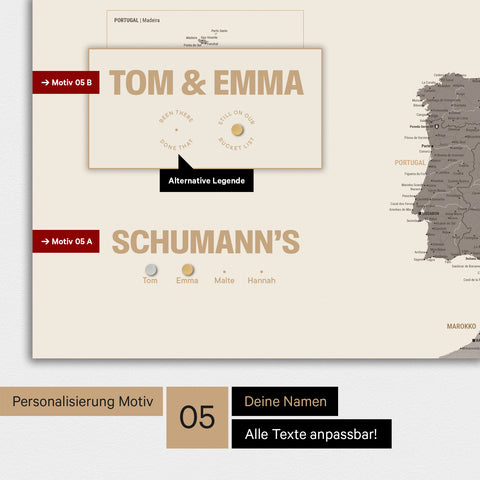 Magnetische Europa-Karte in einem modernen Design in Warmgray (Braun-Grau) als Magnet-Poster mit Personalisierung als Logo mit einer Weltkugel