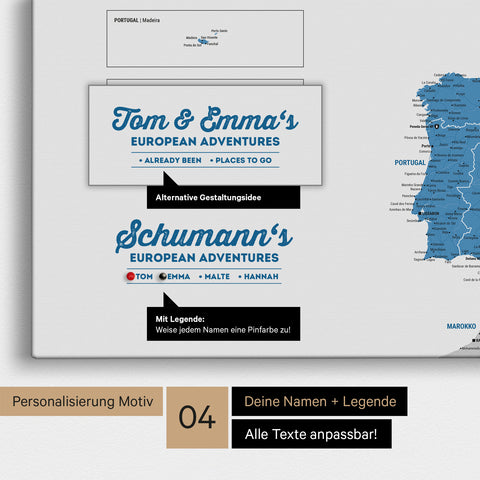 Europa Landkarte als Leinwand in Blau mit Personalisierung als Logo mit Familiennamen und Legende für Orte, die man bereits besucht hat und noch besuchen möchte
