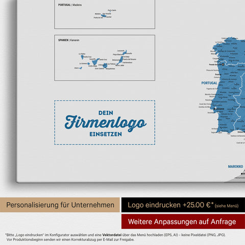Europa Landkarte Pinnwand in Blau mit Eindruck eines Firmenlogos für Unternehmen