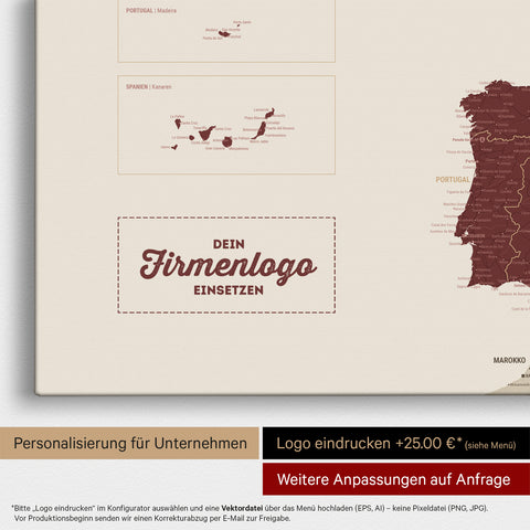 Europa Landkarte Pinnwand in Bordeaux Rot mit Eindruck eines Firmenlogos für Unternehmen
