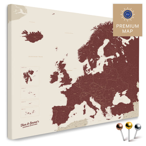 Moderne Europa Landkarte in der Farbe Bordeaux Rot als Pinn-Leinwand zeigt einen Ausschnitt von Italien, Kroatien und Griechenland, in der bereits besuchte Reiseziele durch Pins markiert sind 