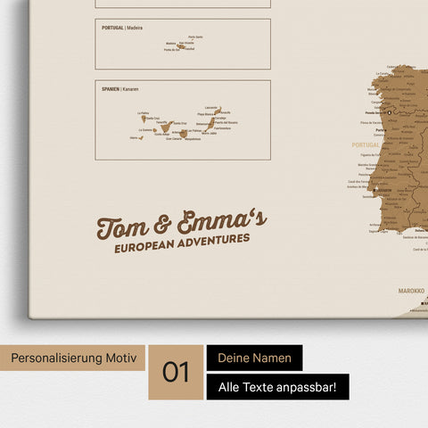 Landkarte von Europa als Pinnwand Leinwand in Bronze mit Personalisierung und Namen in einer modernen Schreibschrift