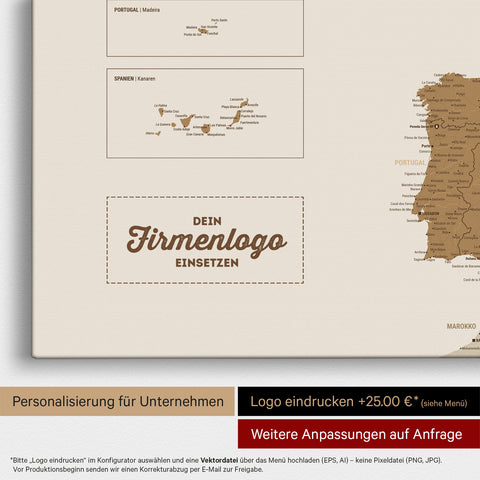Europa Landkarte Pinnwand in Bronze mit Eindruck eines Firmenlogos für Unternehmen