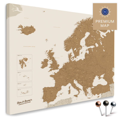 Europakarte in der Farbe Bronze in einem modernen, minimalistischem Design als Leinwand zum Pinnen von Reisen und Orten