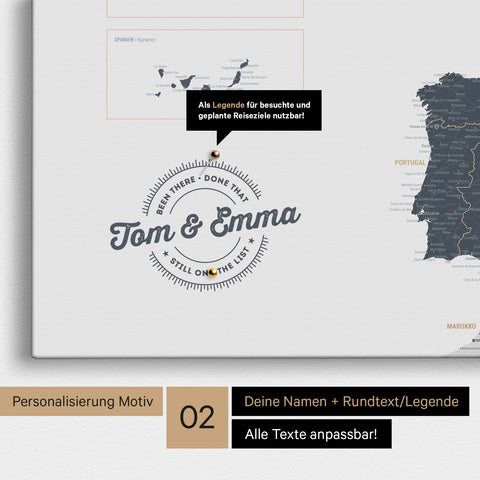 Europakarte Pinn-Leinwand in Denim Blue mit Personalisierung als rundes Logo, das eine Legende für bereits besuchte Reiseziele im Rundtext beinhaltet